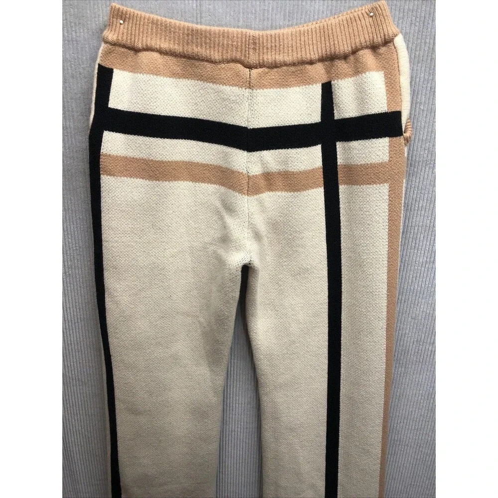 Stylewe Knit Pants Size M Colorblock Stripe Cream Black Tan Pockets